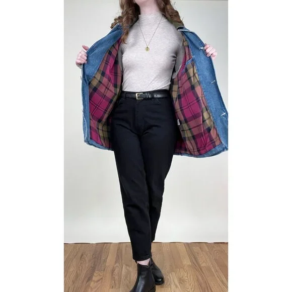 Vintage Denim Barn Coat Field Farm Utility Jean Jacket Oversized Plaid Americana - Picture 2 of 10